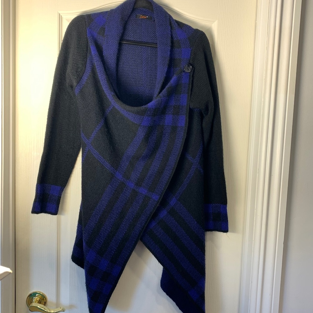 Dex Blue & Black Asymmetrical Button‎ Cardigan – Artsy Boho Cozy Winter Knit L